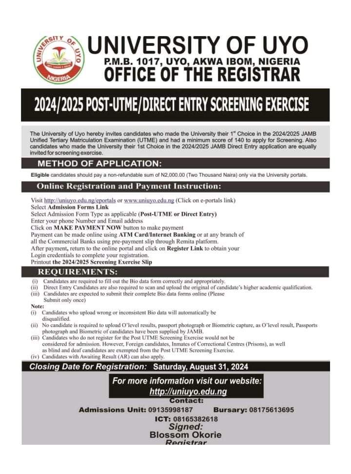 UNIUYO Post UTME Screening Form 2024