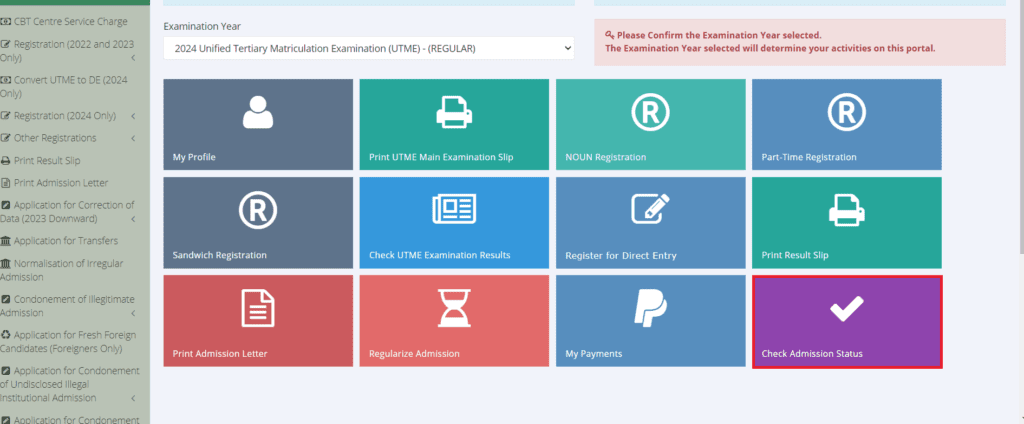 Click on “Check Admission Status”